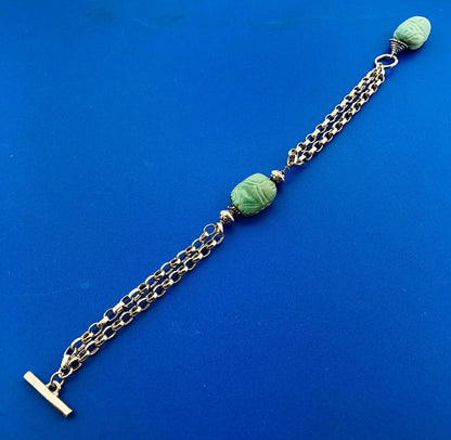 Vintage 925 Sterling Silver Carved Stone Scarab Beetle Oval Link Toggle Bracelet