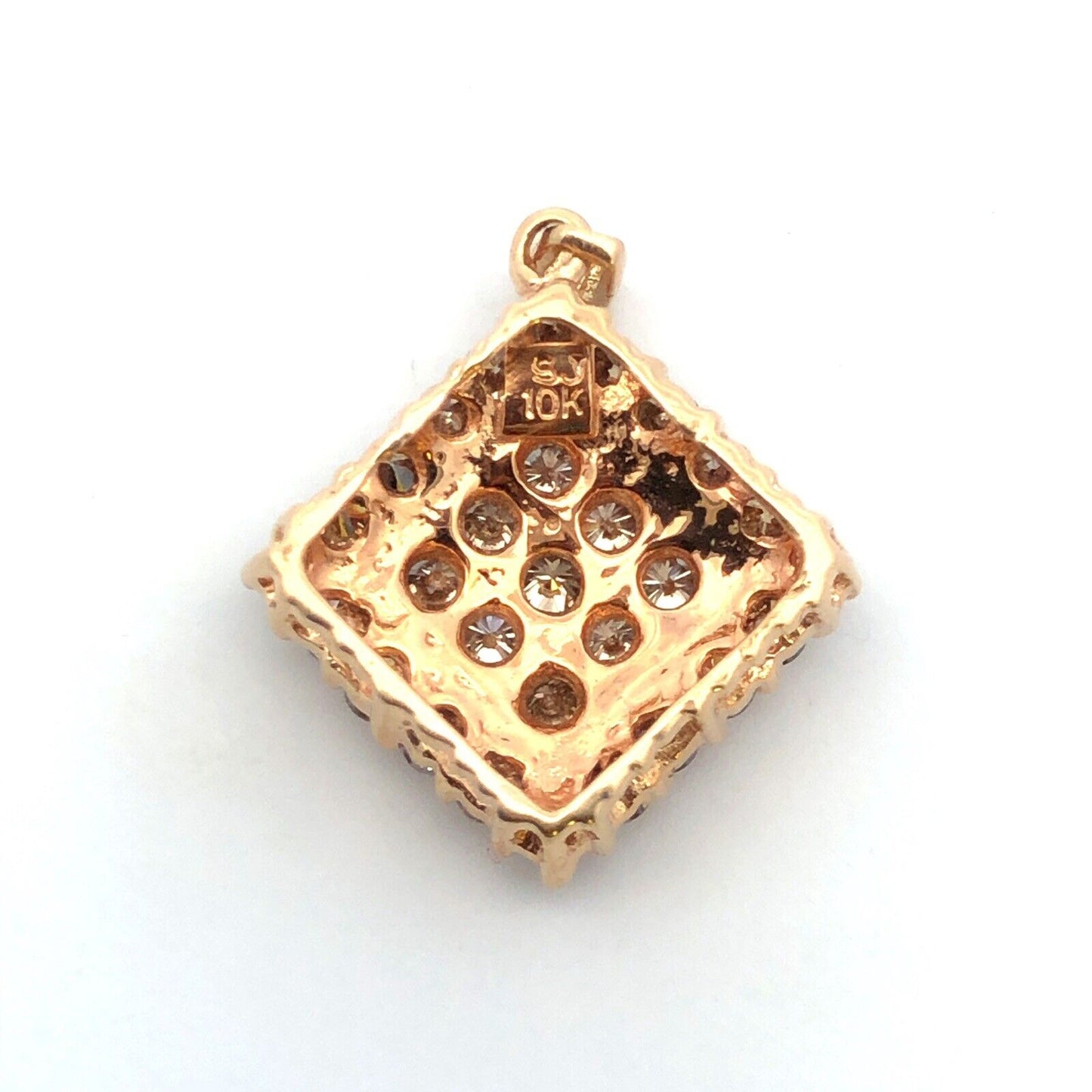 Designer SJ 10K Yellow Gold Round Champagne Diamond Square Statement Pendant