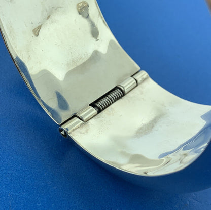 Vintage Taxco 925 Sterling Silver Polka Dot Wide Statement Hinged Cuff Bracelet