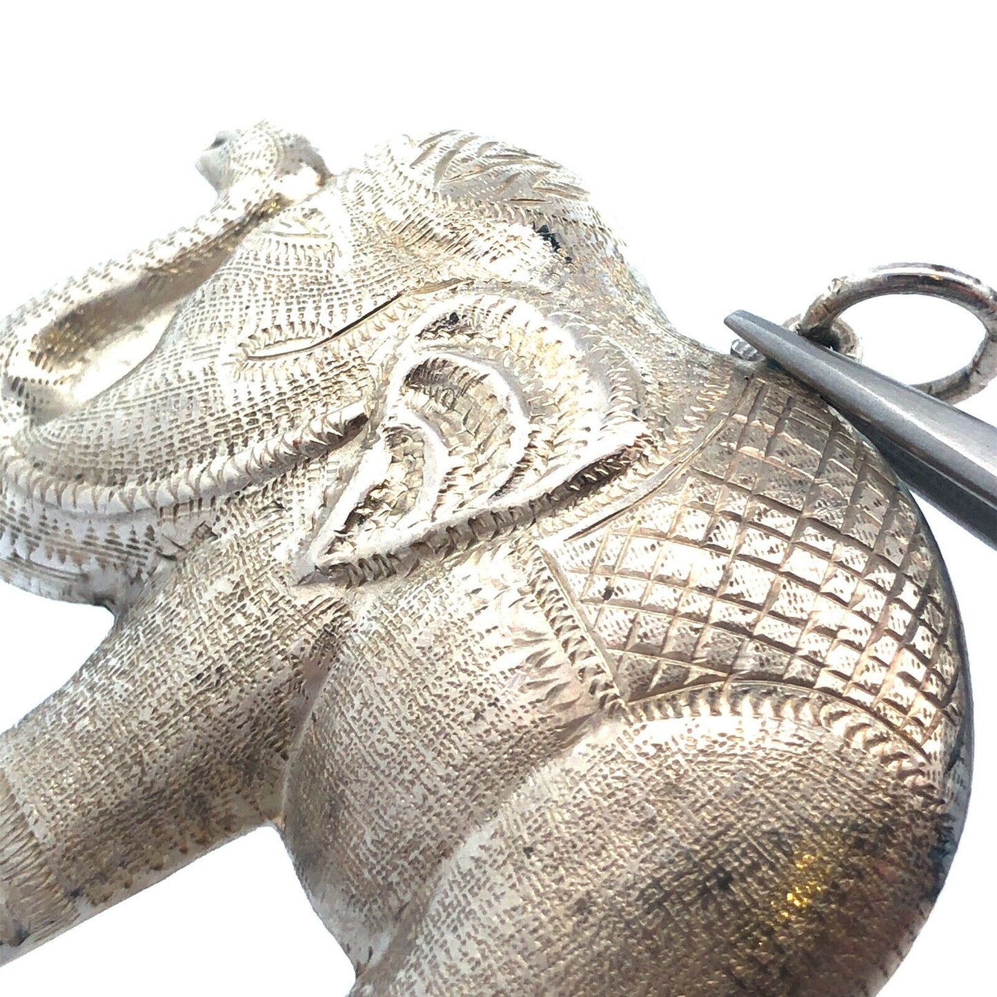 Vintage 925 Sterling Silver Textured Detailed Festival Temple Elephant Pendant