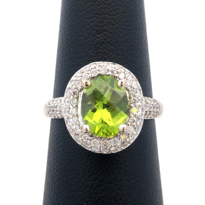 Designer EMA 14K White Gold Oval Cushion Cut Peridot Diamond Halo Cocktail Ring