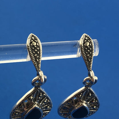 925 Sterling Silver Pear Black Onyx Marcasite Halo Drop Dangle Earrings