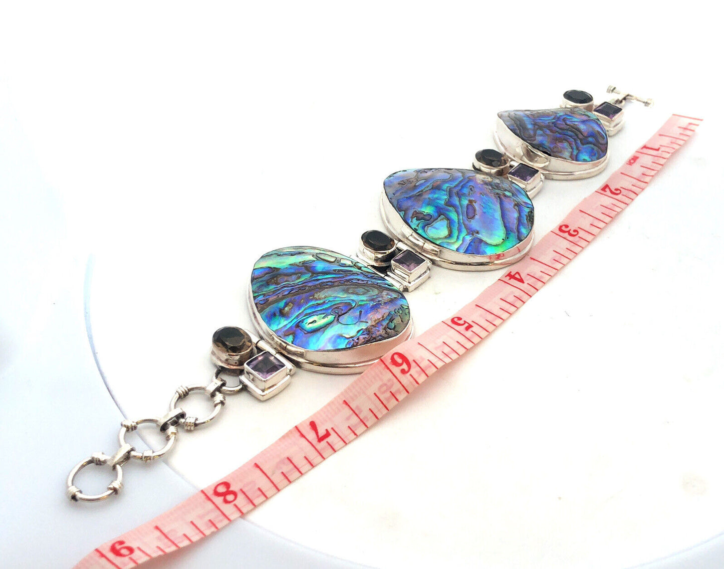 Modernist 925 Sterling Silver Abalone Amethyst Smoky Topaz Statement Bracelet