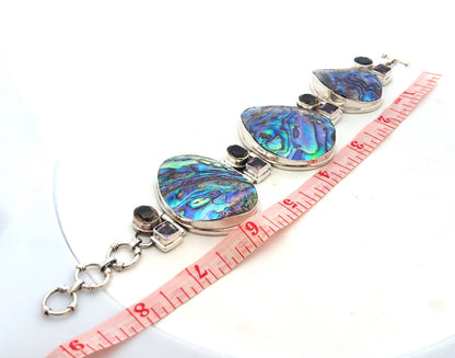 Modernist 925 Sterling Silver Abalone Amethyst Smoky Topaz Statement Bracelet