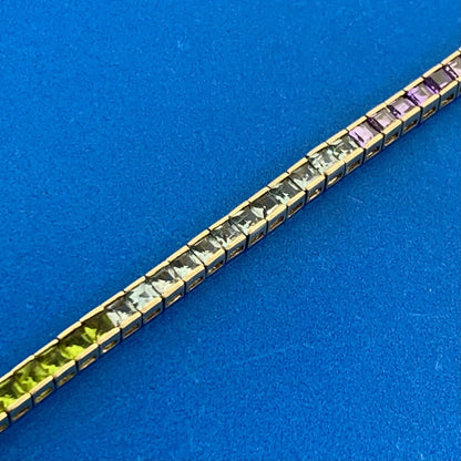 Designer Sterling Silver Rainbow Colored Square Cubic Zirconia Tennis Bracelet