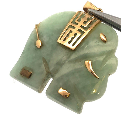 Vintage 10K Yellow Gold Jade Elephant Good Luck Symbolic Charm Pendant