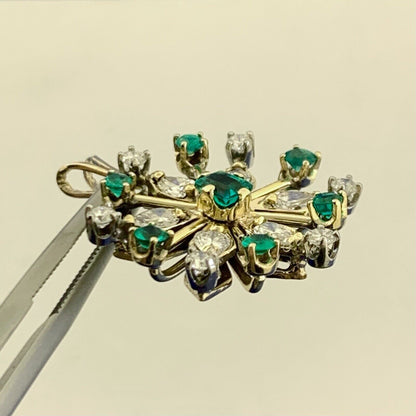 Vintage 14K Yellow Gold Diamond and Emerald Flower Snowflake Statement Pendant