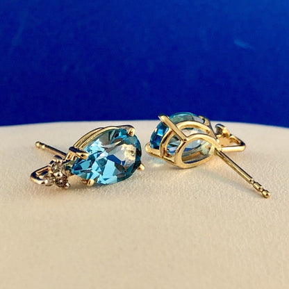 14K Yellow Gold Swiss Blue Topaz Diamond December Anniversary Pear Stud Earrings