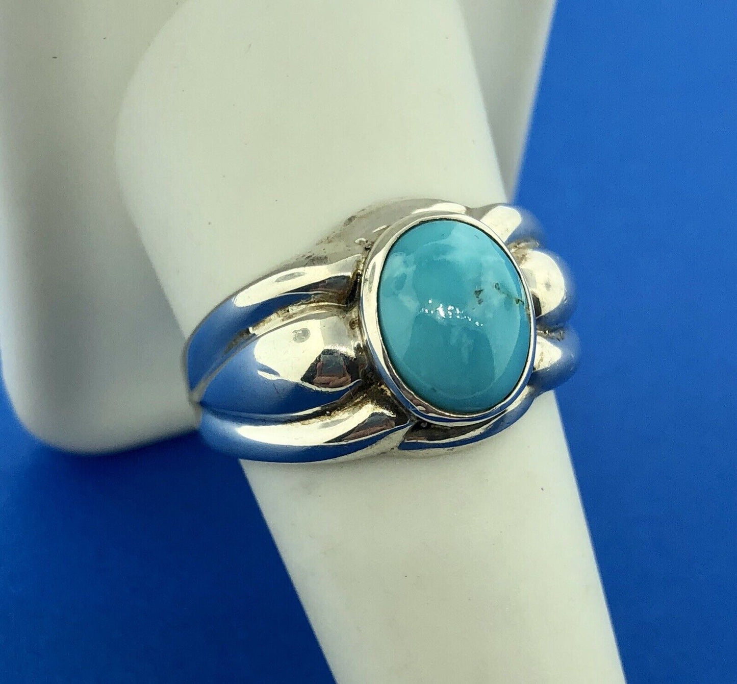Designer OIM Sterling Silver 925 Oval Turquoise Modernist Ribbed Design Ring