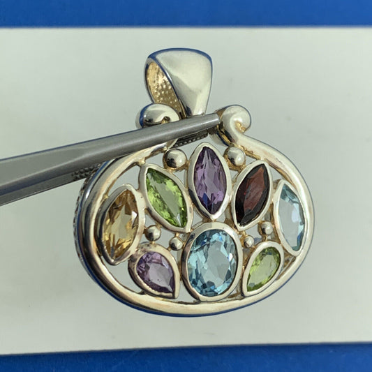 Designer Vintage 925 Sterling Silver Multicolor Oval Statement Pendant
