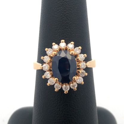 Designer 14K Yellow Gold Oval Blue Sapphire Diamond Halo Statement Cocktail Ring