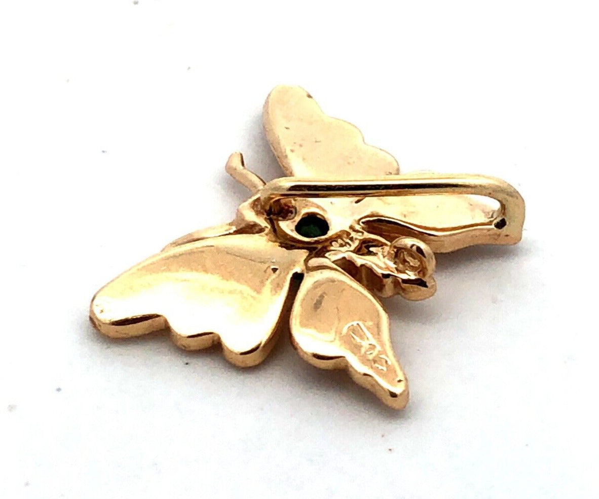 Designer 14K Yellow Gold Round Green Emerald Moth Butterfly Pendant