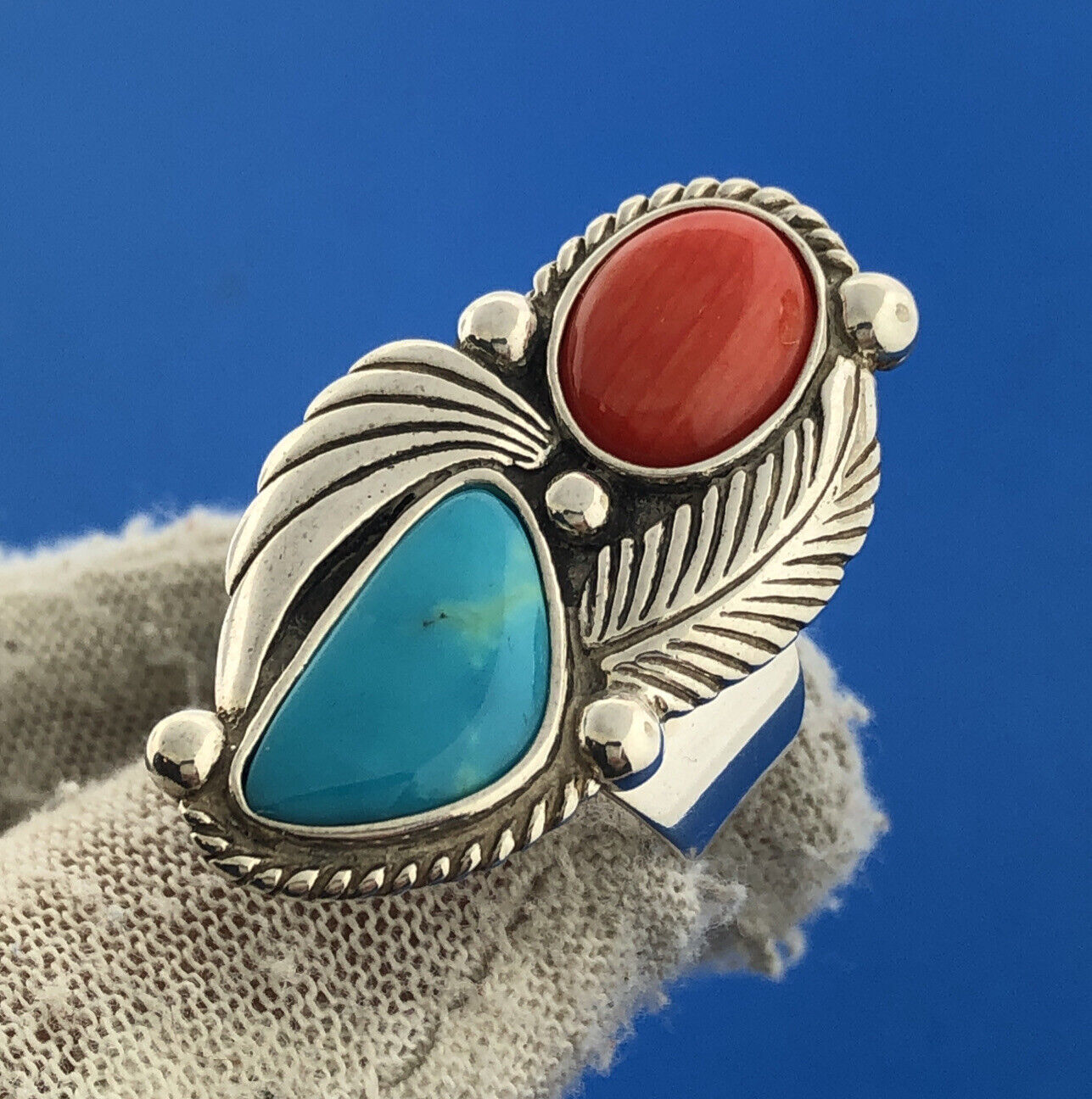 Carolyn Pollack Relios 925 Sterling Silver Turquoise Coral Squash Blossom Ring