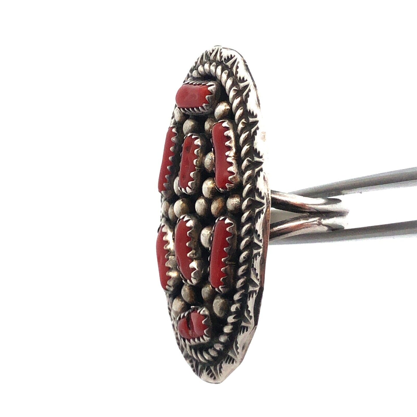 Native American 925 Sterling Silver Red Coral Statement Oval Full Finger Ring