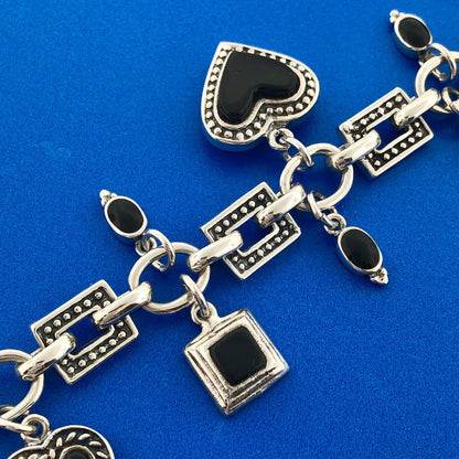 Vintage Mexico 925 Sterling Silver Black Onyx Heart Cross Toggle Charm Bracelet