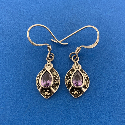 Designer 925 Sterling Silver Pear Amethyst Marcasite February Occasion Earrings