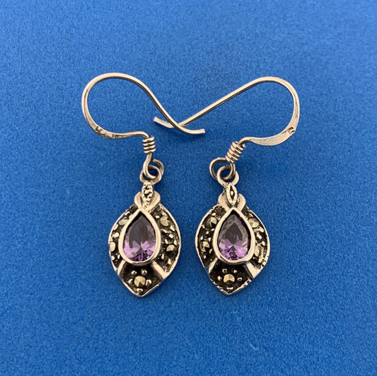 Designer 925 Sterling Silver Pear Amethyst Marcasite February Occasion Earrings