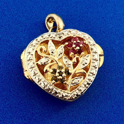 Vintage 925 Sterling Silver Vermeil Two Tone Sapphire Ruby Heart Locket Pendant