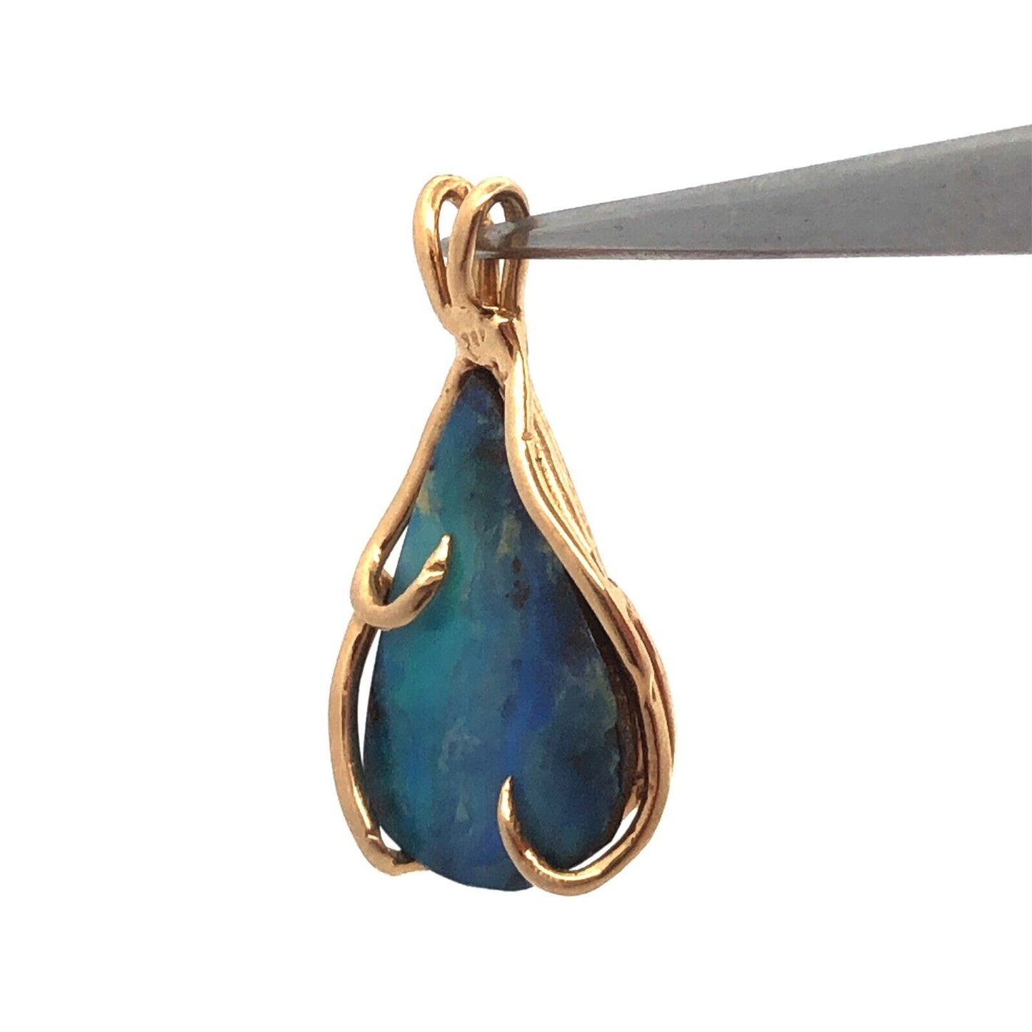 Estate 14K Yellow Gold Teardrop Blue Opal Wire Wrapped Modernist Pendant