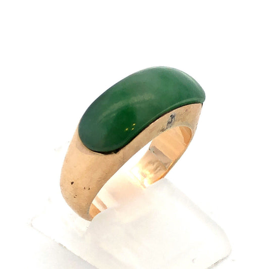 Modernist 18K Yellow Gold Oval Green Jade Cabochon Dome Band Ring