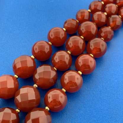 Designer Gold Tone Faceted Polished Carnelian Beads Graduated 3 Strand Necklace