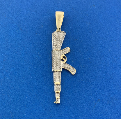14K Yellow Gold Pave Diamond Rifle Machine Gun Firearm Statement Pendant