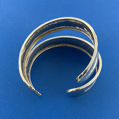 Modernist Artisan Sterling Silver Hammered Wave Double Cuff Statement Bracelet