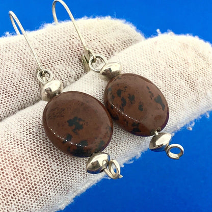Lovely Silver Toned Brown Black Cabochon Agate Leverback Dangle Earrings