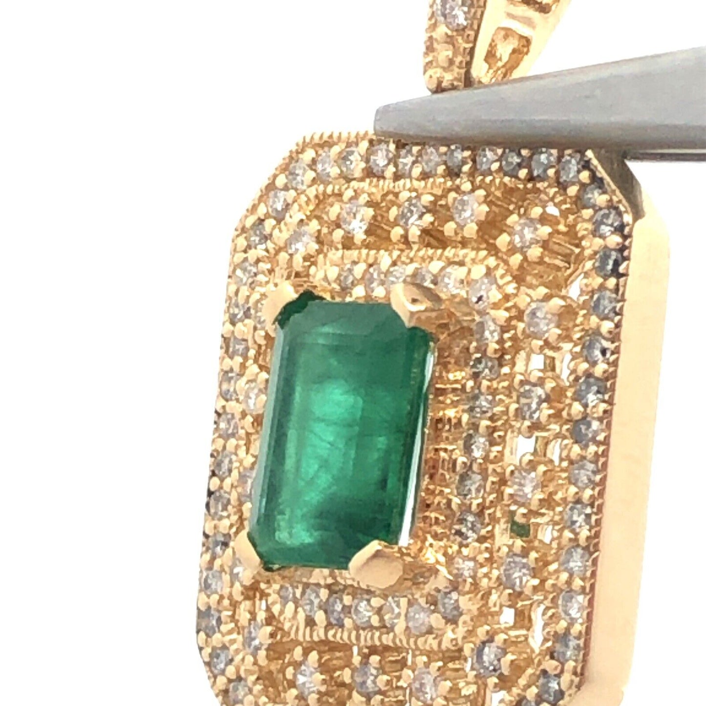 Designer 14K Yellow Gold Emerald Diamond Triple Halo Statement Estate Pendant