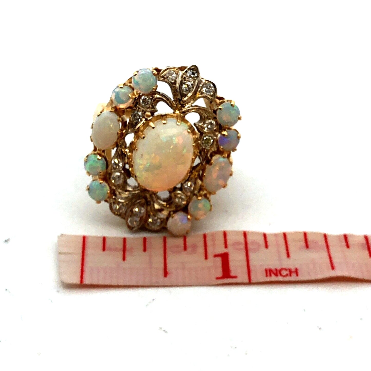 Designer 18K Yellow Gold Oval White Opal Diamond Art Deco Statement Ring