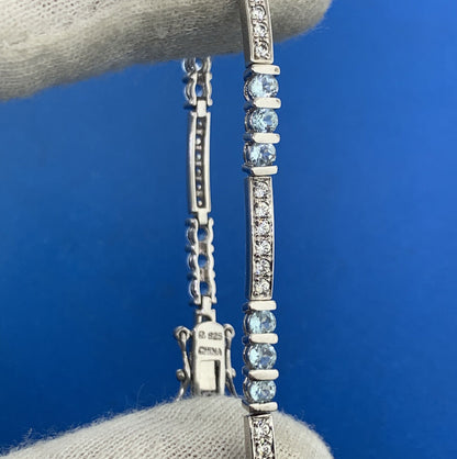 Designer 925 Sterling Silver Blue Topaz Cubic Zirconia Accented Tennis Bracelet