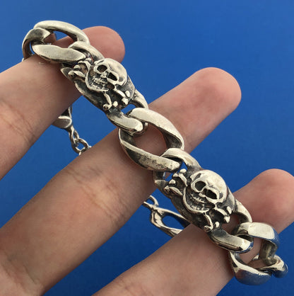 Unisex Sterling Silver 925 Skull Crossbones Biker Statement Bracelet S175