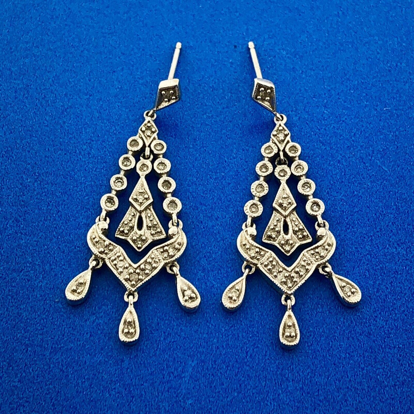 Designer THL 10k White Gold Round Cut Diamond Dangle Chandelier Earrings