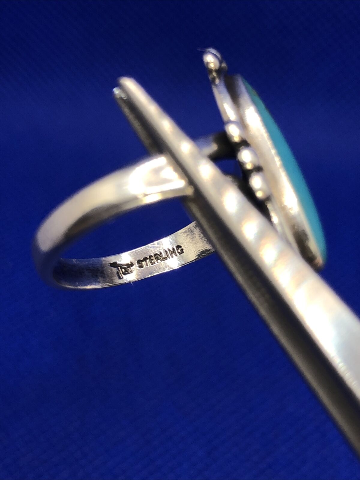 Native American Signed 925 Sterling Silver Oval Turquoise Ring