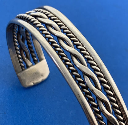 Vintage 925 Sterling Silver Ribbed Braided Rope Open Cuff Bracelet