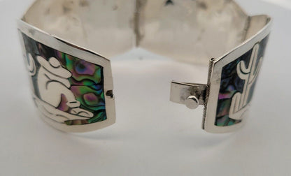 Vintage Mexico Taxco CS Sterling Silver Abalone Inlay Oval Panel Cuff Bracelet