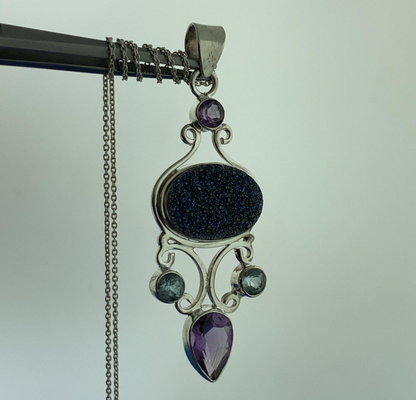 Sterling Silver 925 Amethyst Blue Topaz Drusy Quartz Statement Pendant Necklace