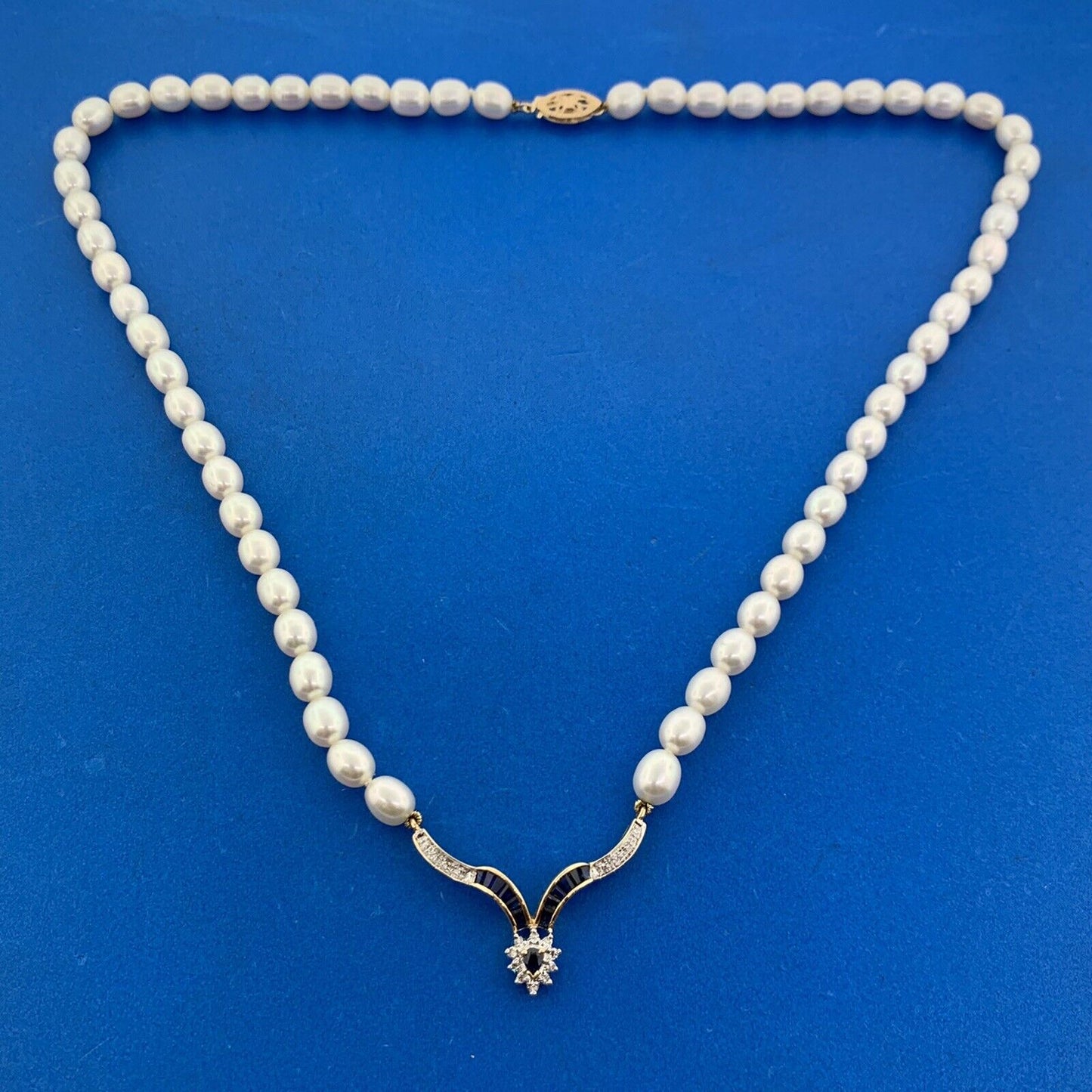 14K Yellow Gold Pearl Diamond Blue Sapphire Accented V Necklace