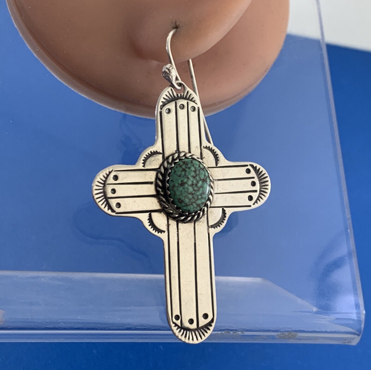 Native American 925 Sterling Silver Concho Green Turquoise Cross Hook Earrings