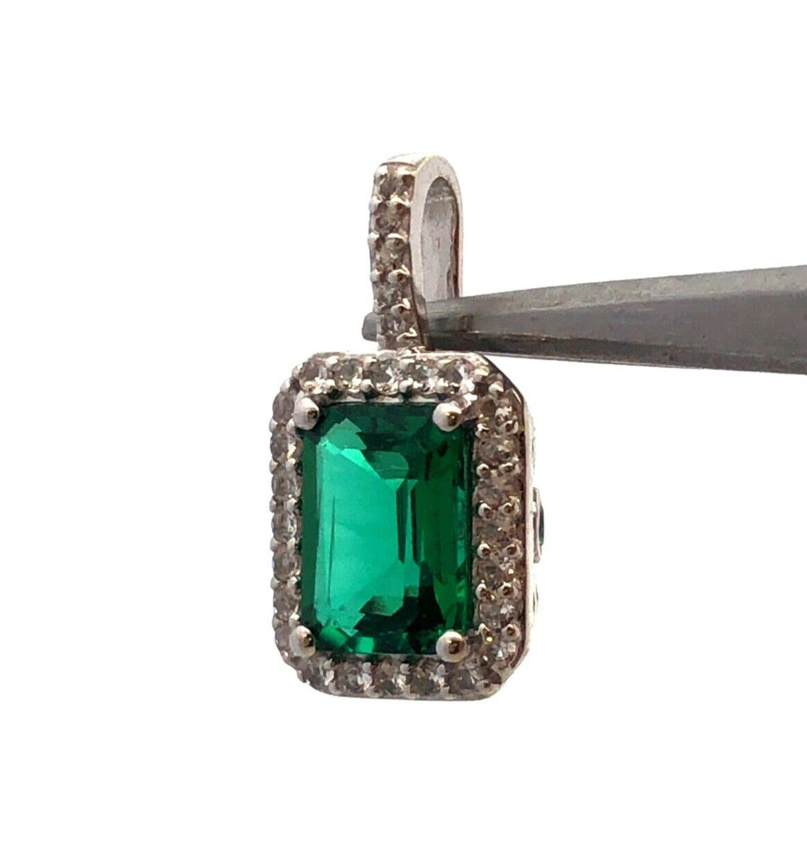 Designer A 10K White Gold Green Emerald Cut Emerald White Sapphire Halo Pendant