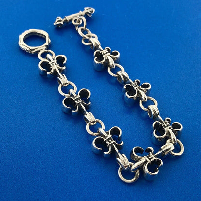 Retro 925 Sterling Silver Fleur De Lis Link Panel Toggle Bracelet