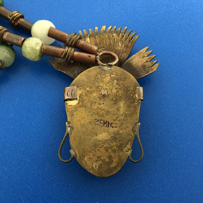 Casa Maya Mexico Brass Copper Jade South American Aztec Head 26" Tribal Necklace