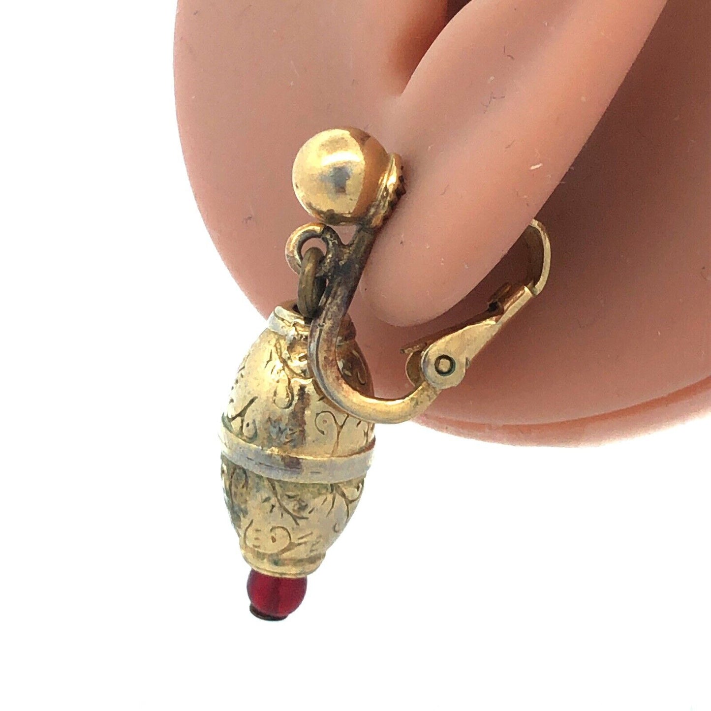 Mid Century Napier Gold Tone Red Bead Floral Scroll Drop Dangle Clip Earrings