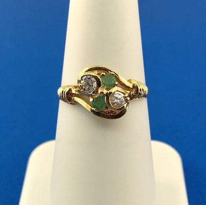 Vintage 18K Yellow Gold Cubic Zirconia Emerald Anniversary Modernist Bypass Ring