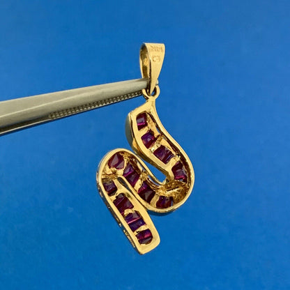 Designer 14K Yellow Gold Ruby Tapered Baguette S Ribbon Statement Pendant