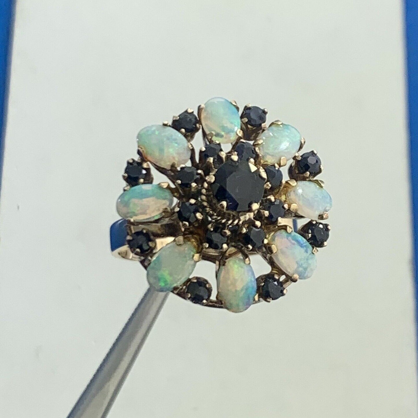 Estate 14K Yellow Gold Sapphire Opal Princess Empire Stacked Dome Cocktail Ring