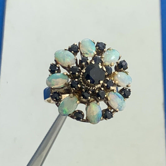 Estate 14K Yellow Gold Sapphire Opal Princess Empire Stacked Dome Cocktail Ring