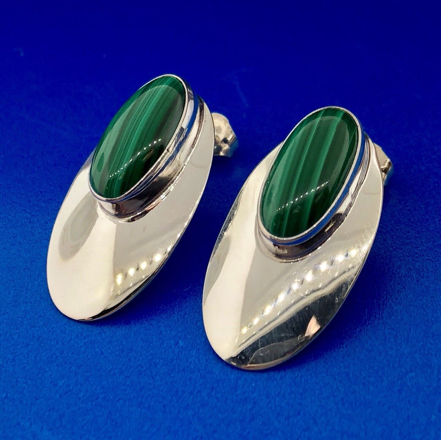 Vintage Sterling Silver 925 Oval Malachite Cabochon Elongated Stud Earrings