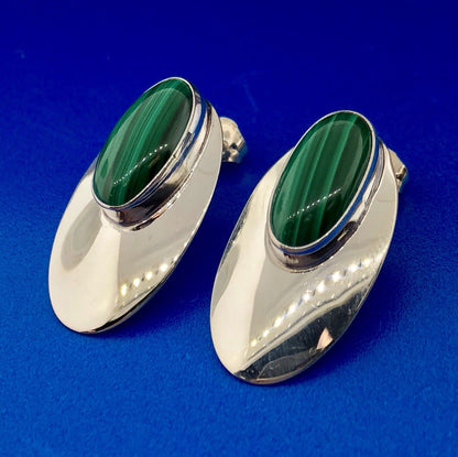 Vintage Sterling Silver 925 Oval Malachite Cabochon Elongated Stud Earrings