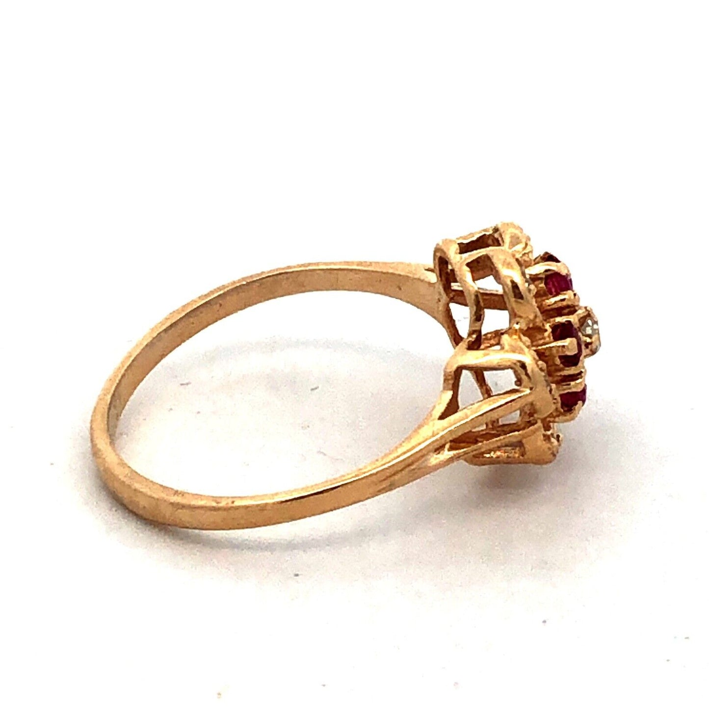 Designer HJW 14K Yellow Gold Round Diamond Ruby Flower Cocktail Ring